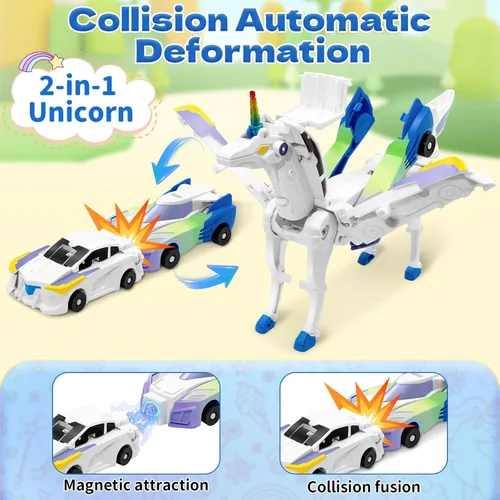 Miniatura 5 de Intoypad Coches transformadores de colisión de unicornio para niñas y niños, 2 autos magnéticos que se transforman en una colisión mágica de Azul