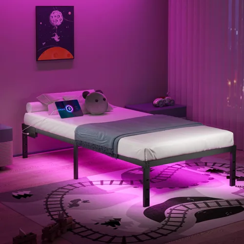 Miniatura 8 de HAVONIZD Marco de cama tamaño twin con luces LED y estación de carga - Marco de cama de plataforma de metal resistente de 18 pulgadas, no necesita
