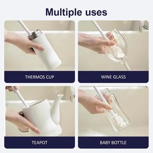 Miniatura 4 de Cepillo de silicona para botellas, cepillo de agua flexible de cerdas suaves de 360° con mango largo, cepillo de limpieza de tapa de taza