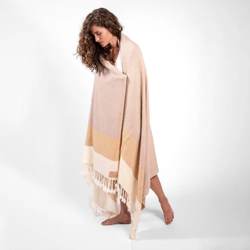 Ritzy Solana - Manta de lana súper suave 100% merino puro de 18 micras, estilo bohemio, color madera pardo, rayas amarillas y blancas mostaza,