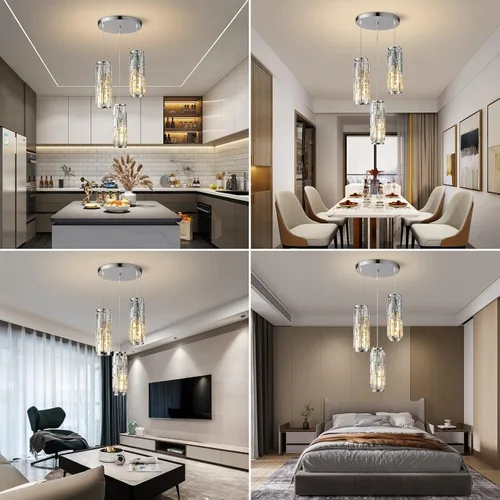 Miniatura 5 de LMQNINE - 3 luces para iluminación colgante de cromo, lámpara colgante moderna, mini candelabros de cristal, lámpara colgante ajustable para cocina