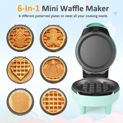 Miniatura 2 de Mini waflera 6 en 1, plancha de gofres de 4 pulgadas con platos antiadherentes extraíbles, mini máquina para hacer gofres perfecta para niños