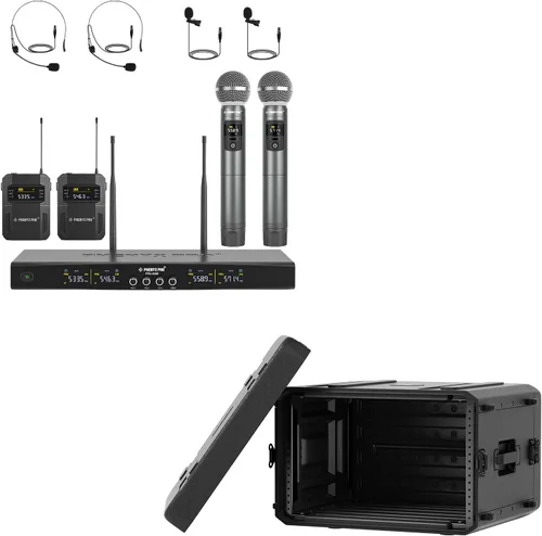 Phenyx Pro Juego de micrófono inalámbrico de 4 canales PTU-5200-2H2B incluido con estuche de rack poco profundo PRCSE-6UD