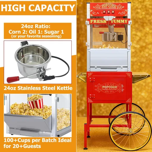 Miniatura 8 de Máquina comercial de palomitas de maíz con carrito y ruedas, máquina para hacer palomitas de maíz con hervidor de acero inoxidable de 24 onzas, Rojo
