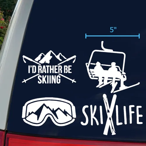 Miniatura 3 de Paquete de 4 calcomanías de esquí: Ski Life, I'd Rather Be Skiing, gafas, telesilla (blanco, grande ~ 5 pulgadas)