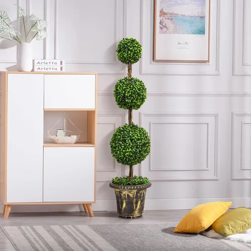 Miniatura 3 de Árbol artificial de boj de 4 pies, bolas triples Topiary en maceta de plástico rellena de cemento, plantas sintéticas para porche delantero, sala