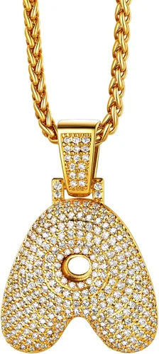 Richsteel Collar brillante de circonita cúbica con letras de burbujas para hombres y mujeres, chapado en oro de 18 quilates, joyería con monograma