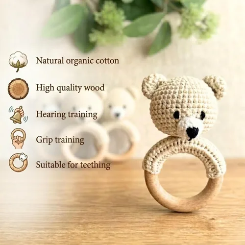 Miniatura 4 de Juguete de sonajero orgánico de oso de ganchillo para bebé, juego de regalo hecho a mano para recién nacido con mordedor y soporte para chupete