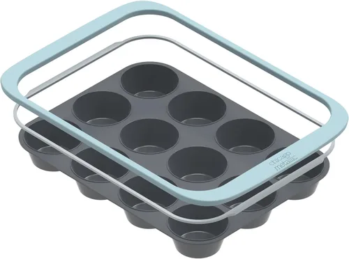 Miniatura 3 de Chicago Metallic Molde de silicona para magdalenas de 12 tazas, color azul, antiadherente con borde reforzado con alambre, apto para horno hasta 428