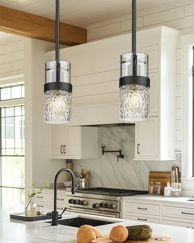 Miniatura 2 de LMS Luces colgantes de cristal para isla de cocina, 1 luz moderna negra colgante con vidrio martillado y varillas, mini iluminación colgante