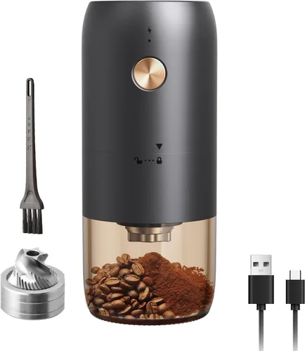 ELMWAY - Molinillo de café eléctrico portátil con rebabas de acero inoxidable y ajuste de grosor interno, compacto para viajes y uso doméstico,