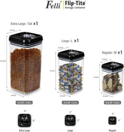 Miniatura 7 de Felli Flip Tite Contenedor de almacenamiento con tapa de 6" XL con cierre hermético de anillo en la parte superior, juego de botes de acrílico Negro