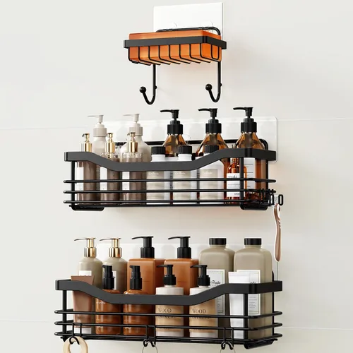 Miniatura 11 de Orimade Cesta de ducha con 5 ganchos, organizador de baño, estante de almacenamiento de cocina, adhesivo montado en la pared, sin perforaciones