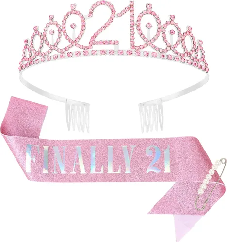 Miniatura 15 de CAVETEE Diadema de cumpleaños para mujer, decoraciones de cumpleaños número 21, banda y corona para fiesta de 21 años (azul, talla única)