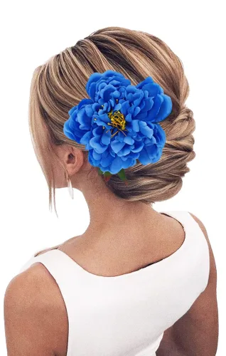 Broche de flores de peonía para el cabello, horquilla Hanfu para dama de honor, broche de flores, decoración de boda (talla única, azul)