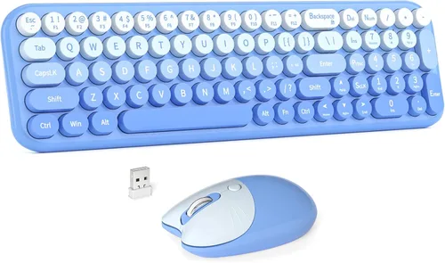 Miniatura 24 de MOWUX - Combo de teclado y mouse inalámbricos, máquina de escribir de tamaño completo, retro, redondo, lindo mouse óptico inalámbrico, Plug and Azul