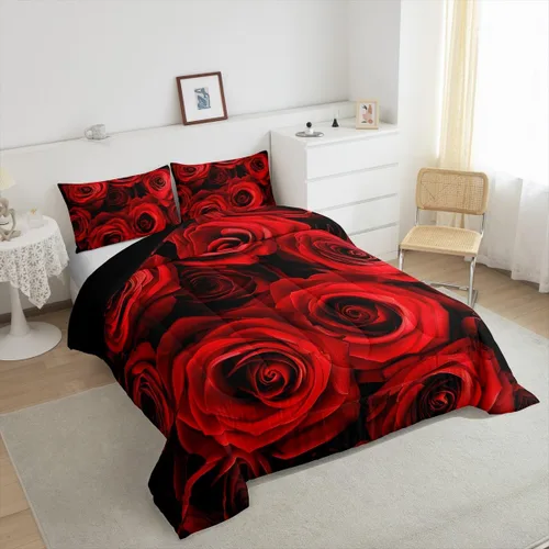 Miniatura 2 de Juego de edredón de rosas rojas, tamaño individual, juego de ropa de cama floral rojo degradado negro para niñas, mujeres, niños, adolescentes