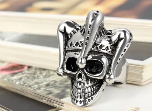Miniatura 2 de Flongo Anillo punk de acero inoxidable plateado negro gótico Joker payaso anillo para hombre