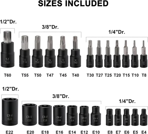 Miniatura 3 de Mayouko Juego de 25 brocas Torx de 1/4", 3/8", 1/2", 1/2", 1/2", 12 enchufes E-Torx hembra y 13 puntas de enchufe estrella