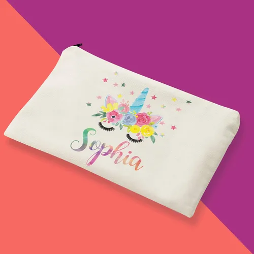 Miniatura 5 de Bolsa de maquillaje, bolsa de cosméticos, bolsa de cosméticos, bolsa de maquillaje con nombre personalizado de unicornio en acuarela, bolsa