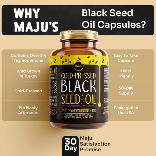 Miniatura 6 de Maju Superfoods Cápsulas de aceite de semilla negra, prensado en frío, 2% timoquinona, 100% aceite de semilla de comino negro turco, Nigella sativa
