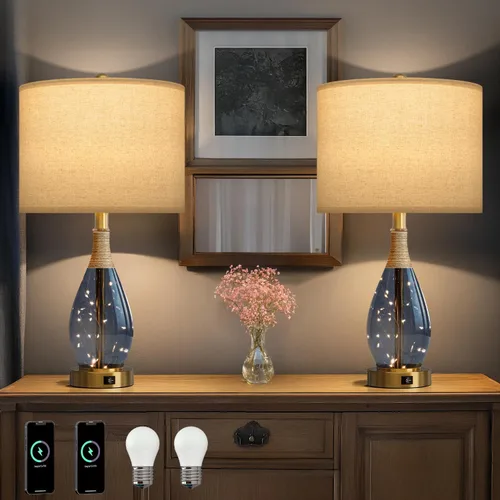 Miniatura 12 de OYEARS Juego de 2 lámparas de mesita de noche con USB, modernas lámparas de noche retro de cristal de ratán para dormitorio, sala de estar