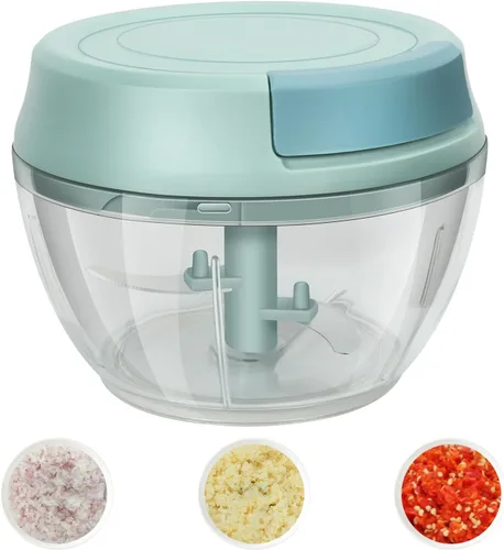 Picador de Ajo Mini Manual de Mano con Envase, Picador de Alimentos de Cocina, Cortador de Cebolla y Vegetales, Picador de Verduras Azul 500ml