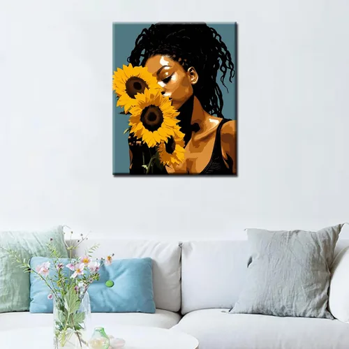 Miniatura 3 de Pintura por números, girasoles afroamericanos, kit de pintura acrílica por números, para niños, adultos, principiantes, niñas negras, pintura