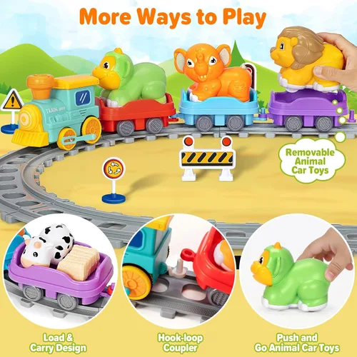 Miniatura 4 de Juego de tren eléctrico para niños pequeños, juguetes realistas de tren de vapor para niños con vías, juguetes de animales para niños pequeños de 1