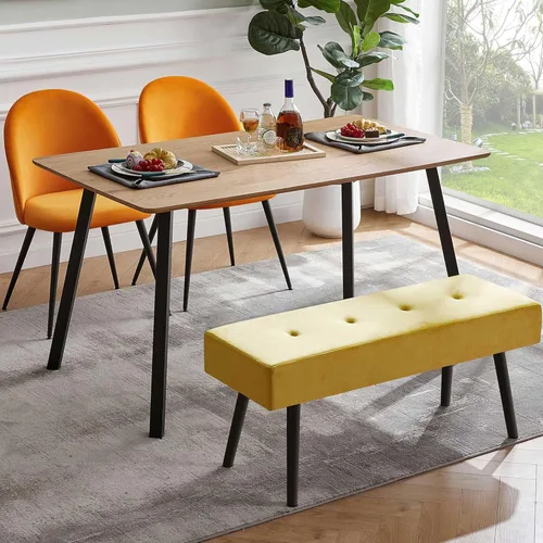 Miniatura 8 de Homedot Banco decorativo para sala de estar, banco otomano elegante de terciopelo para dormitorio, pie de cama con patas de metal negro, banco
