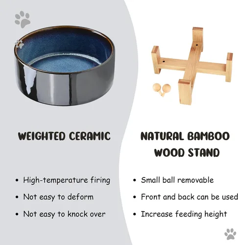 Miniatura 7 de SPUNKYJUNKY Cuenco de cerámica inclinado de 15° para perros y gatos con soporte de madera, cuenco inclinado para comida y agua para bulldog, Azul