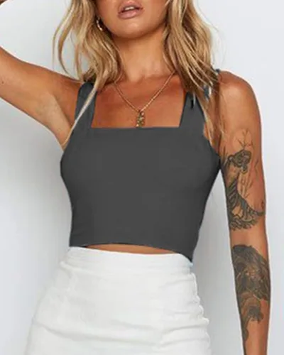 Miniatura 3 de Wsirmet Blusa corta sin mangas para mujer, sin mangas, cuello cuadrado, delgada, básica, lisa, corta
