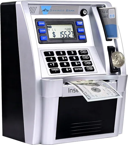 Alcancía estilo cajero automático para dinero real para niños y adultos, alcancía de juguete con tarjeta, contraseña, reconocimiento de monedas,