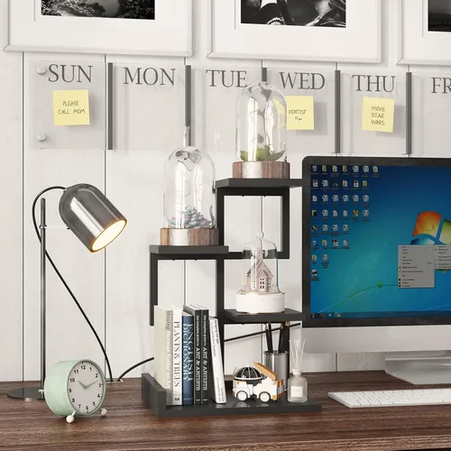 Miniatura 6 de YMYNY Organizador de estante de escritorio, estante de almacenamiento de 4 niveles, organizador de estante de escritorio pequeño con marco de metal
