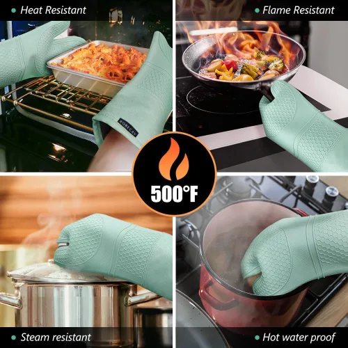 Miniatura 4 de Rorecay Juego de 6 guantes de horno y soportes para ollas resistentes al calor a 500 grados, guantes de horno de silicona extra largos