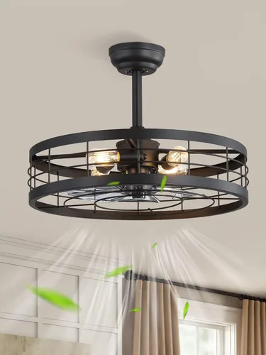 Miniatura 20 de LEDIARY - Ventilador de techo 16.5 pulgadas con jaula y luz, diseño industrial, estilo granja, para cocina, dormitorio, exterior, control remoto, 6