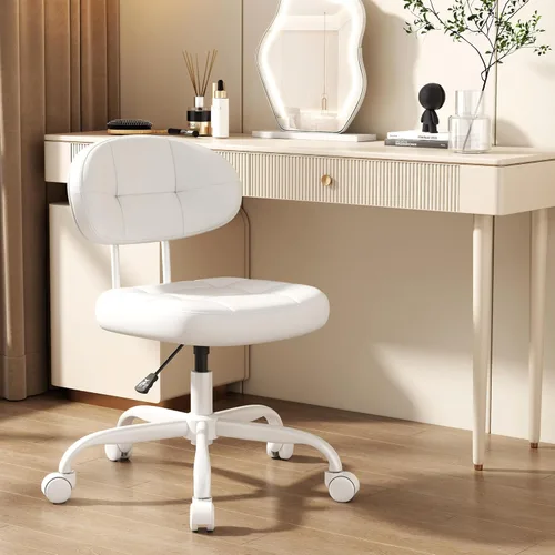 Misolant Silla de tocador con respaldo, pequeña silla de oficina sin brazos con ruedas y soporte lumbar, cómodas sillas de escritorio de piel Blanco