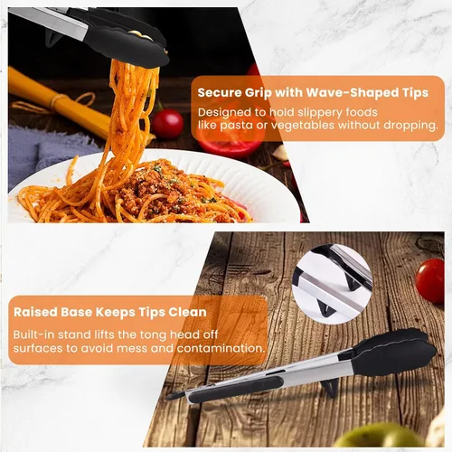 Miniatura 2 de Pinzas de comida de 2 piezas para cocinar, pinzas de cocina de acero inoxidable de 9 y 12 pulgadas con puntas de silicona y soporte integrado