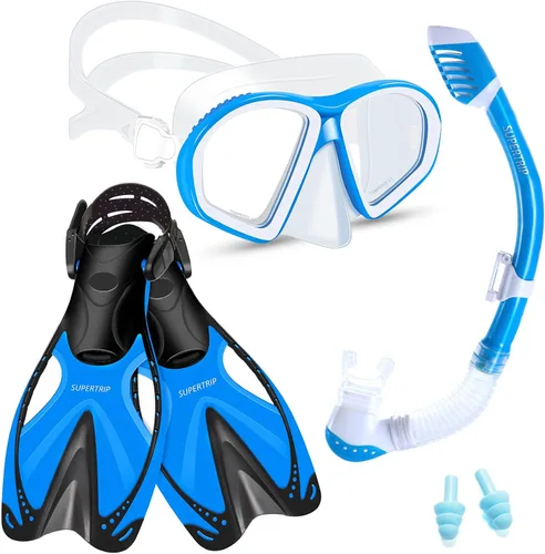 Supertrip Kids Snorkeling Set, Snorkeling Gear for Kids, Children Mask Fin Snorkel Set with Tempered Glass, Snorkel Mask Diving Goggles, Dry Top