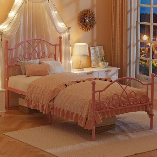 Miniatura 4 de Weehom Marco de cama individual, marcos de cama de metal modernos de tamaño individual para niños y niñas, no necesita somier, base de cama Rosa
