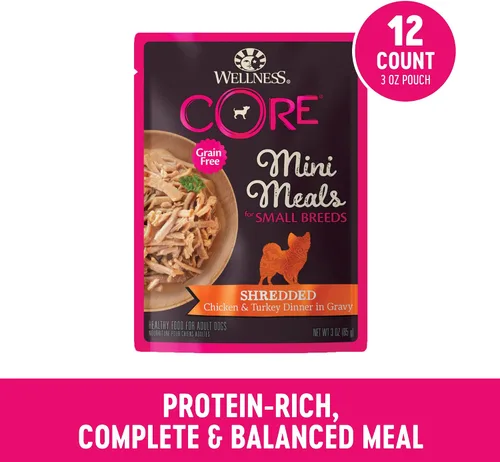 Miniatura 2 de Wellness CORE - Mini comidas naturales para razas pequeñas, sin granos, comida húmeda para perros, pollo rallado y pavo en salsa, bolsa de 3 onzas