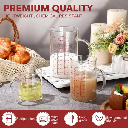 Miniatura 7 de Lallisa Juego de 3 tazas medidoras de vidrio de borosilicato alto con asa en forma de V, 4, 2, 1 taza y 3 escalas (onzas, taza, ml), para cocina
