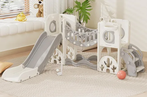 Miniatura 9 de Conjunto de juegos de parque infantil para niños pequeños con arco de escalada, juego de golf, tobogán y aro de baloncesto - Juguetes