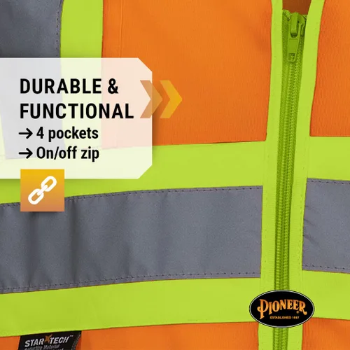 Miniatura 6 de Pioneer Chaleco de seguridad con mangas Hi Vis para hombres y mujeres, tricot transpirable, cinta reflectante, bolsillos, clase 3, color naranja