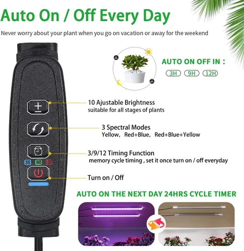 Miniatura 2 de RWNTAO Lámpara de cultivo de dos tiras para plantas de interior, tiras de luz LED de espectro completo rojo, azul y amarillo, con temporizador