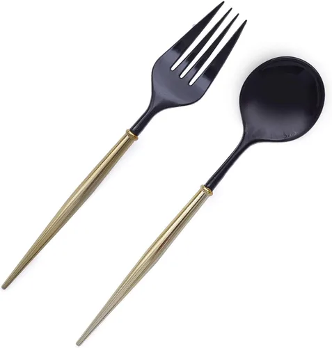 Miniatura 7 de Efavormart 24 Pack Juego de cubiertos de plástico premium negro/dorado de 6" de 24 piezas, cubiertos desechables modernos y resistentes de plata