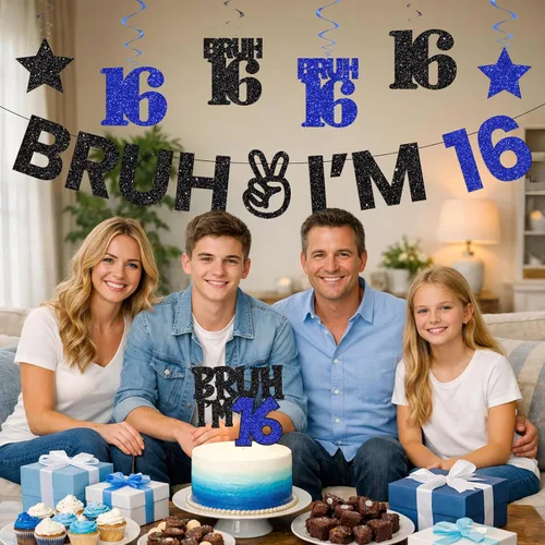 Miniatura 3 de Bruh I'm 16 - Decoraciones de cumpleaños para niños, kit de decoración de fiesta de dulces 16 con pancarta pre-encordada, remolinos colgantes y 16