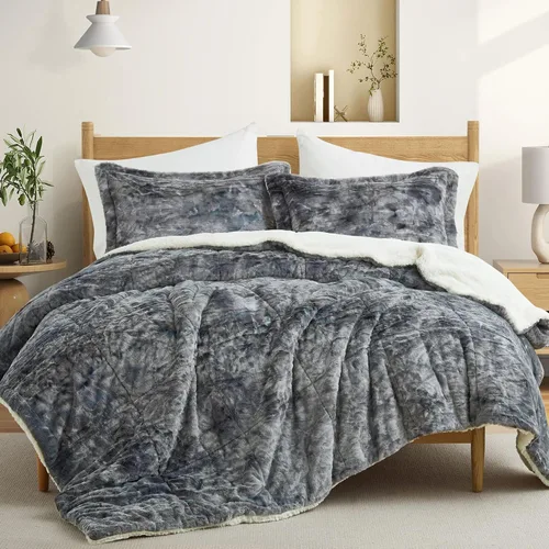 Miniatura 10 de UNIKOME Juego de edredón Sherpa tamaño Queen de 3 piezas, juego de edredón de forro polar suave, juego de cama de invierno de felpa esponjosa