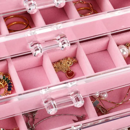 Miniatura 4 de Frebeauty Organizador de joyas de acrílico, caja organizadora de aretes con 5 cajones, organizador de aretes con bandejas de terciopelo, caja