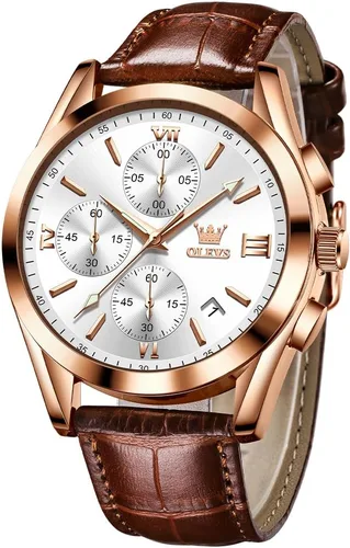 Miniatura 17 de OLEVS - Relojes para hombre, de cuero marrón, caja dorada, analógico, de cuarzo, de moda, para negocios, reloj de vestir, con fecha, luminoso